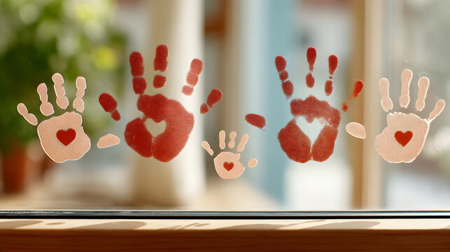 a family handprint on window with heart shape