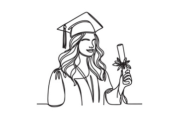 Fototapeta premium Elegant Graduation Girl Single Line Art - Bold and Clean Design on White Background