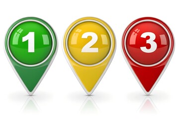 Colorful pointers show ranking, one, two, and three.