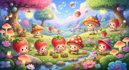 Enchanting Kawaii Mushroom and Strawberry Friends in a Whimsical Forest Meadow