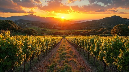 Naklejka premium Vineyard Landscape At Sunset Warm Hues Across Rolling Hills