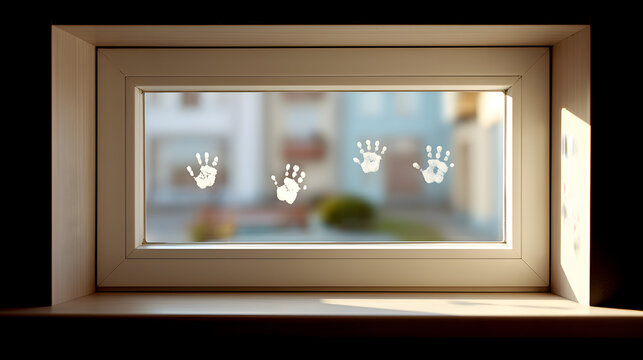 a playful child's handprints on a window, inviting a sense of wonder and curiosity - Powered by Adobe