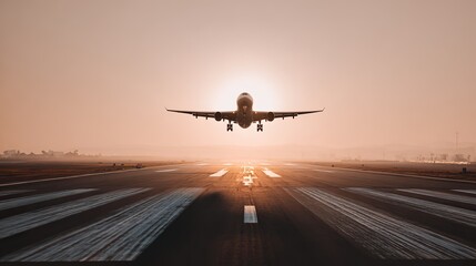 Fototapeta premium High-resolution image of airplane taking off above runway with strong backlight, heat haze, long shadows, and minimalist airport scenery, symbolizing ambition and departure