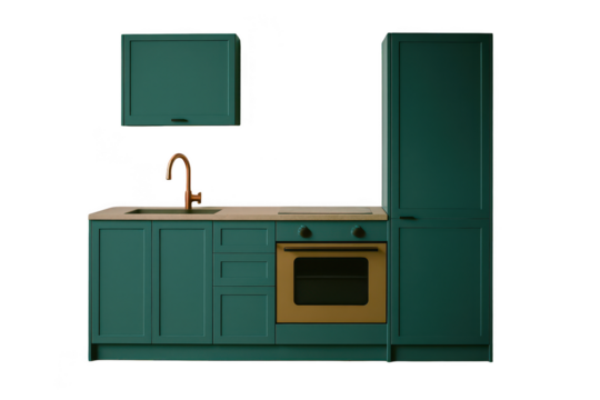Teal kitchen cabinetry set with brass accents.