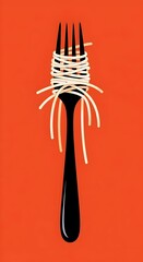 VINTAGE retro-inspired ILLUSTRATION of a black fork and the tines are wrapped in soft cream-colored spaghetti. flat, minimalist, burnt orange background,  classic, texture, concept, vintage food 