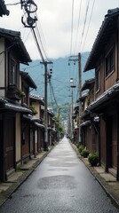 Obraz premium A narrow street lined with traditional wooden houses.