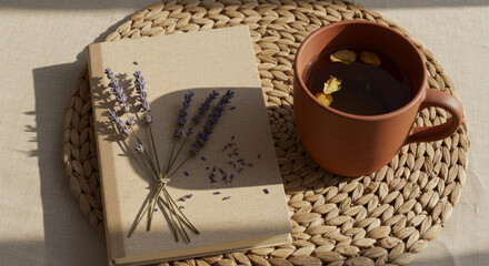 Serene morning setup with lavender, journal, and tea for relaxation and reflection