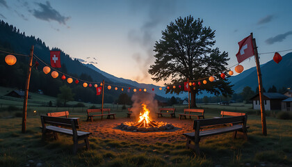 Bonfire and lanterns for a Swiss national celebration.