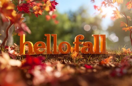 Volumetric inscription &ldquo;hello fall&rdquo; on the background of the fall landscape. Hello autumn. 