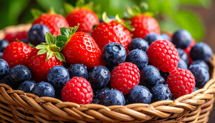 Obraz premium A pile of blueberries, strawberries and raspberries in a wicker container, close up