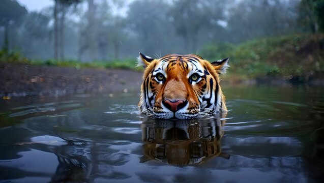Tiger swimming in water wildlife photography bengal tiger animal nature predator cat - Powered by Adobe
