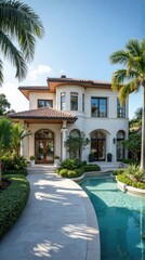 Fototapeta premium Elegant home with a winding pool and lush landscaping.