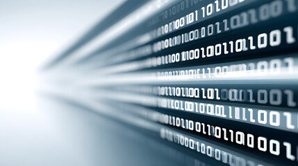 an abstract digital display of binary code, showcasing data streams and technological progress. The code appears in lines, with a futuristic and dynamic sense