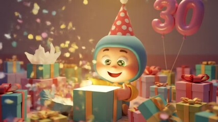 30th Birthday Surprise! Adorable 3D Animated Character Unboxing Gifts Amidst Confetti Celebration