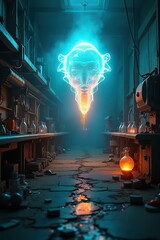 An energy-based entity with a shifting form, illuminating an abandoned alien laboratory.