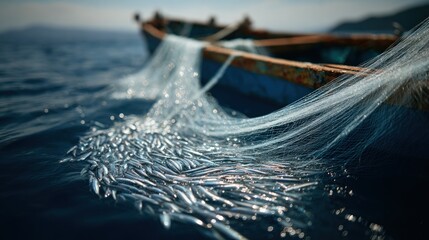 Fishing boat with a net full of fish