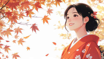 紅葉を背景にした着物のかわいい横顔の女性、イラスト素材、生成AI画像