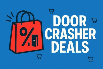 Promotional graphic featuring a red shopping bag with a percentage symbol next to the text "Door Crasher Deals" on a blue background, ideal for advertising sales or special offers.