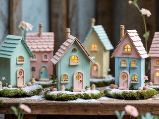 Cute Mini Wooden Houses in Soft Pastel Colors with Cozy Details and a Storybook Feel