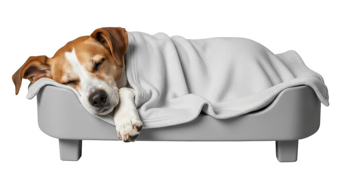 Isolated Dog Sleeping in a Bed with Blanket