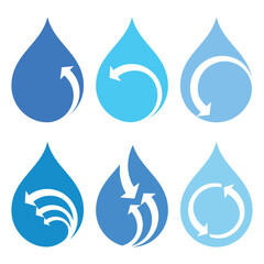 Set of 6 blue water drop icons with dynamic white arrows symbolizing water flow, circulation, recycling, and sustainability concepts. Ideal for eco-friendly, environmental, and water-related project