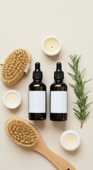 Elegant spa essentials with aromatherapy oils and natural brushes for self-care and relaxation