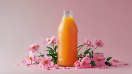 Bright Orange Juice on Soft Pink with Flowers