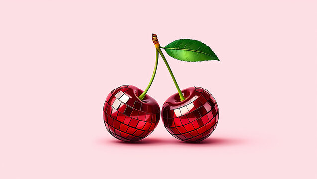 A glamorous pair of red disco ball cherries, sparkling and reflective, isolated on a modern pink background.