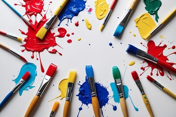 Colorful Paint Brushes and Bright Paint Splashes