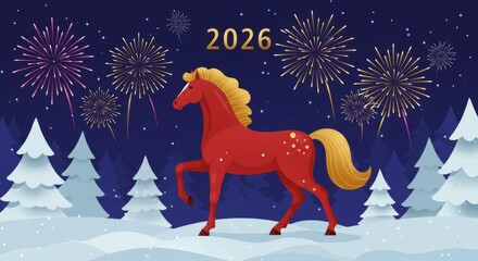 Majestic horse and fireworks in snowy forest celebrating new year 2026