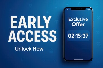 Digital promotional design featuring a smartphone displaying a countdown timer with the text "Exclusive Offer" against a blue background, highlighting early access incentives.