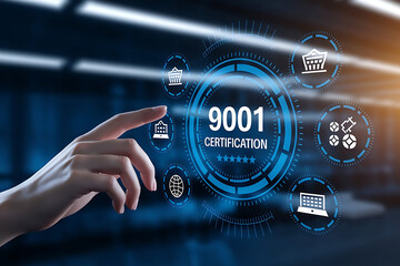 Businessman interacting with transparent digital screen displaying ISO 9001 Quality Management System, ISO 9001 certified businesses, ISO certification, quality management system, ISo9001
