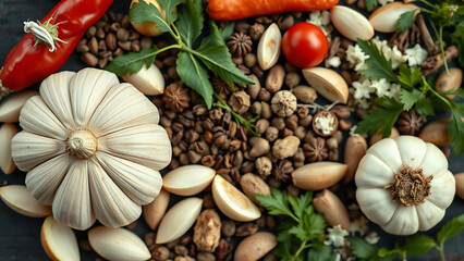 Top view of spices and herbs including of fresh Garlic cloves onion peppers coriander and other isol