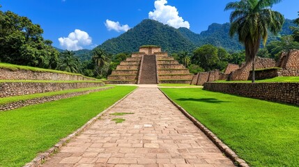 Ancient Pyramid Ruins in Lush Tropical Landscape