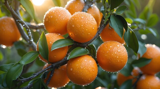 Close-up of multiple ripe oranges arranged in a natural circular cluster on intertwining branches, each orange adorned with sparkling dewdrops.