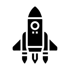 A sleek black rocket icon poised for interstellar travel against a stark white background