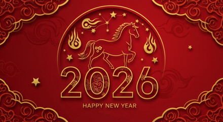 Chinese new year 2026 greeting with horse and red gold elements