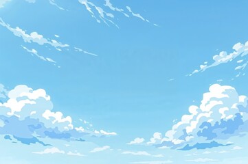 Bright cheerful anime-style landscape with clear blue sky