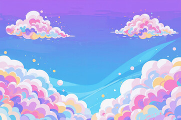 Colorful pop-style sky with fluffy, flowing clouds in bright pastel tones, creating a dreamy, playful atmosphere