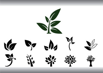 A diverse vector set illustrating nature's floral artistry with green leaves and black silhouettes, perfect for eco-friendly design elements