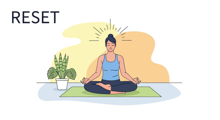Woman meditating in lotus pose with the word RESET indicating a fresh start and mental clarity