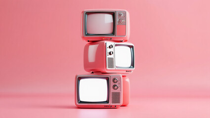 Three retro-style television sets Mockup stacked vertically on a solid pink backdrop, creating a nostalgic minimal concept.