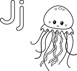 Alphabet coloring page letter J with jellyfish