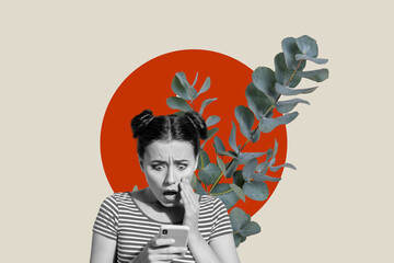 3d sketch poster trend collage image of excited girl stand branch bloom leaves spring season nature...