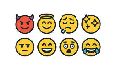 Naklejka premium Flat color emoji collection: expressions with halo, devil horns, tears, and more