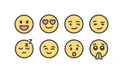 Fototapeta premium Set of yellow emoji faces showing various expressions in flat design