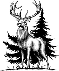 Stag Deer Vintage Rustic pine Tree