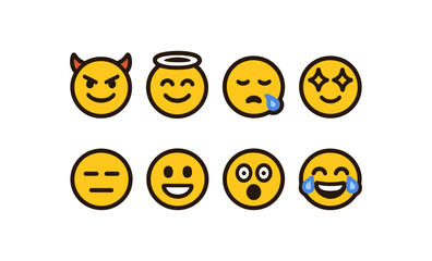 Naklejka premium Playful emoji collection: smiles, tears, halo, and devil horns