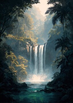 Jungle Waterfall in Morning Mist with Lush Tropical Forest