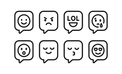 Minimalist line icons of diverse emoticons in speech bubbles